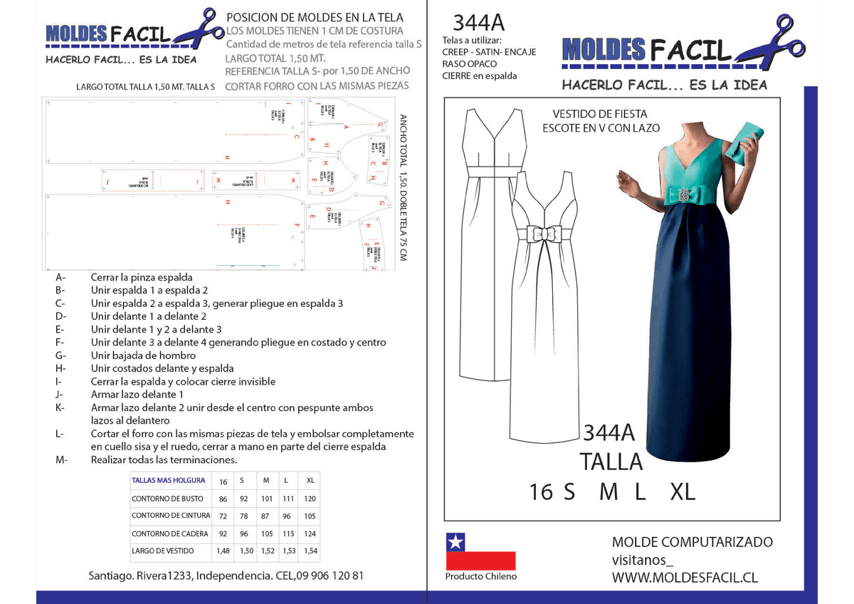 Patrón de costura Vestido de fiesta escote en V con lazo — Moldes Fácil