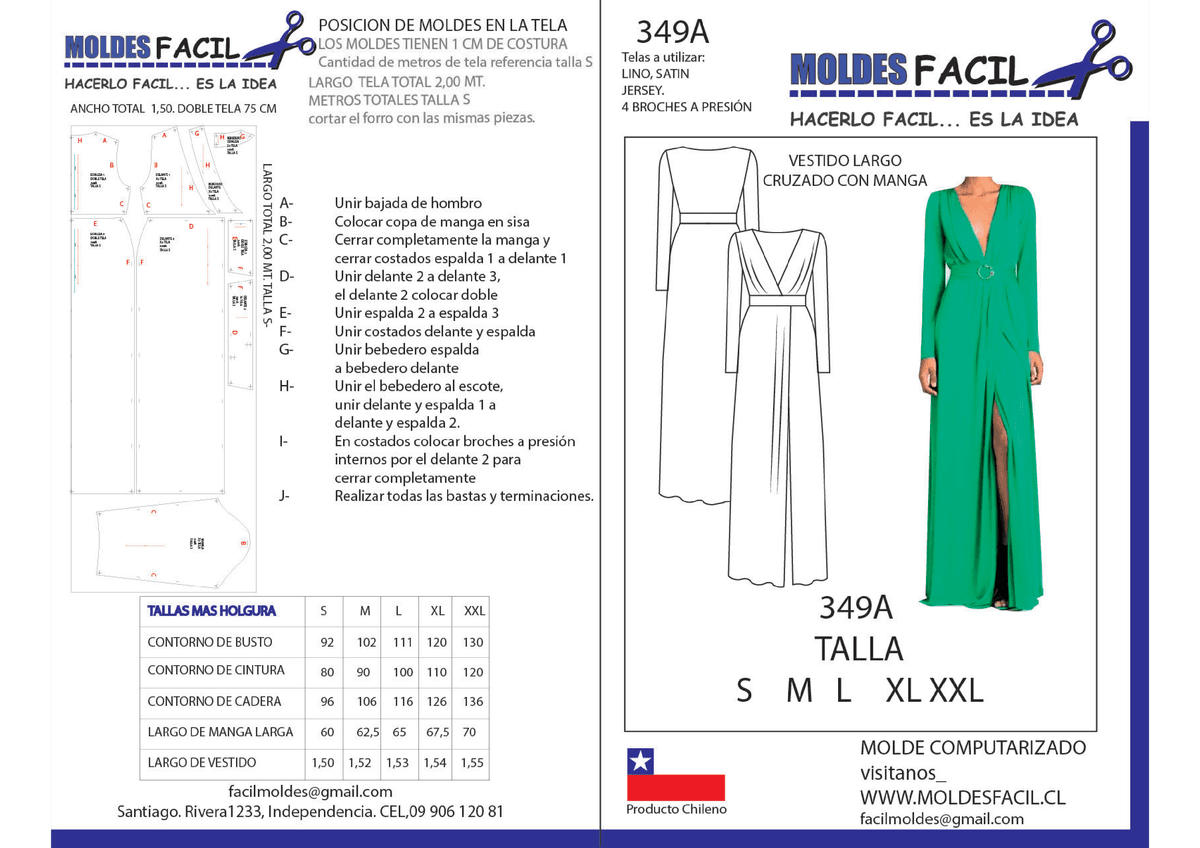 Patrón de costura Vestido largo cruzado con manga — Moldes Fácil