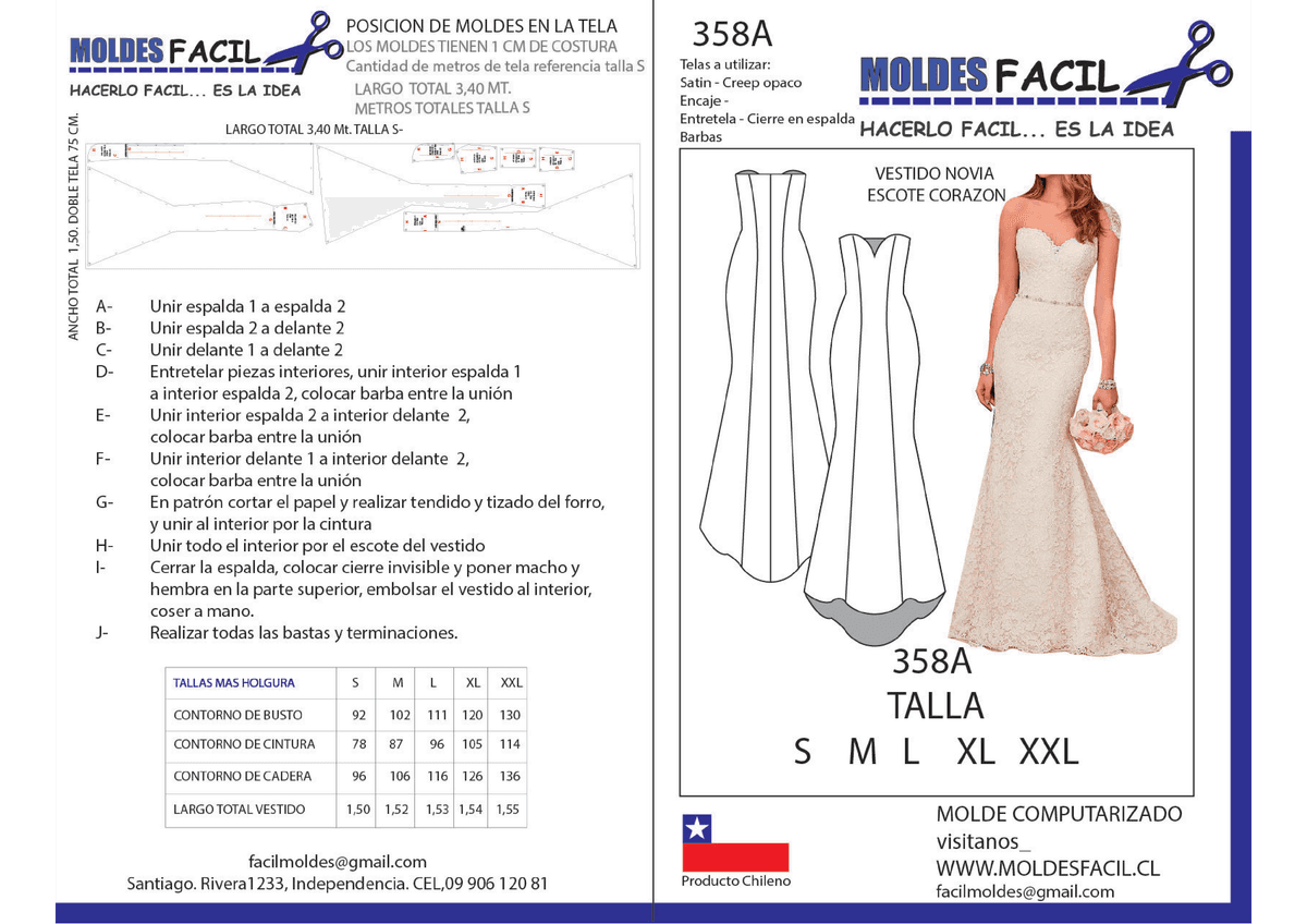 Patrón de costura Vestido de novia escote corazón — Moldes Fácil