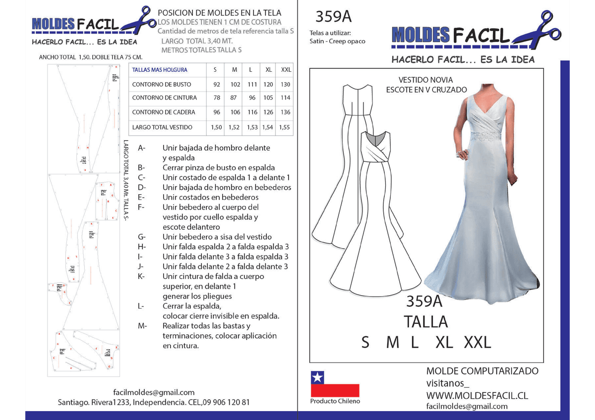 Patrón de costura Vestido de novia escote en V cruzado — Moldes Fácil