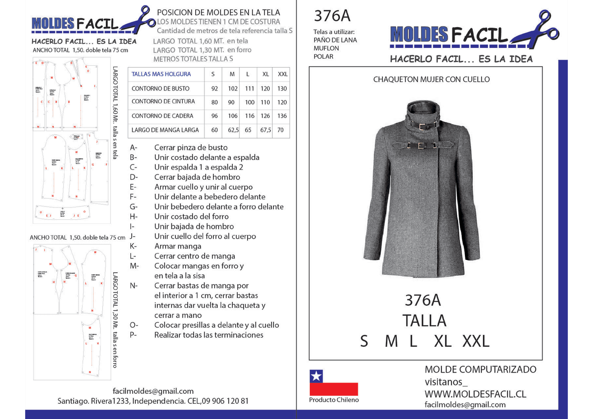 Patrón de costura Chaquetón mujer con cuello — Moldes Fácil