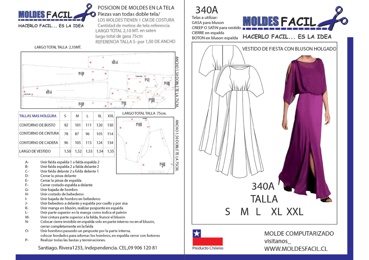 Patrón de costura Vestido de fiesta con blusón holgado — Moldes Fácil