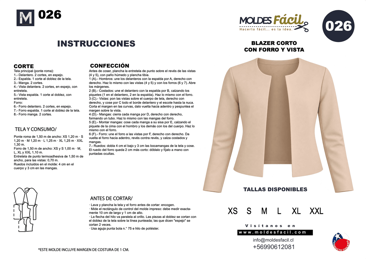 Patrón de costura Blazer corto con forro y vista — Moldes Fácil